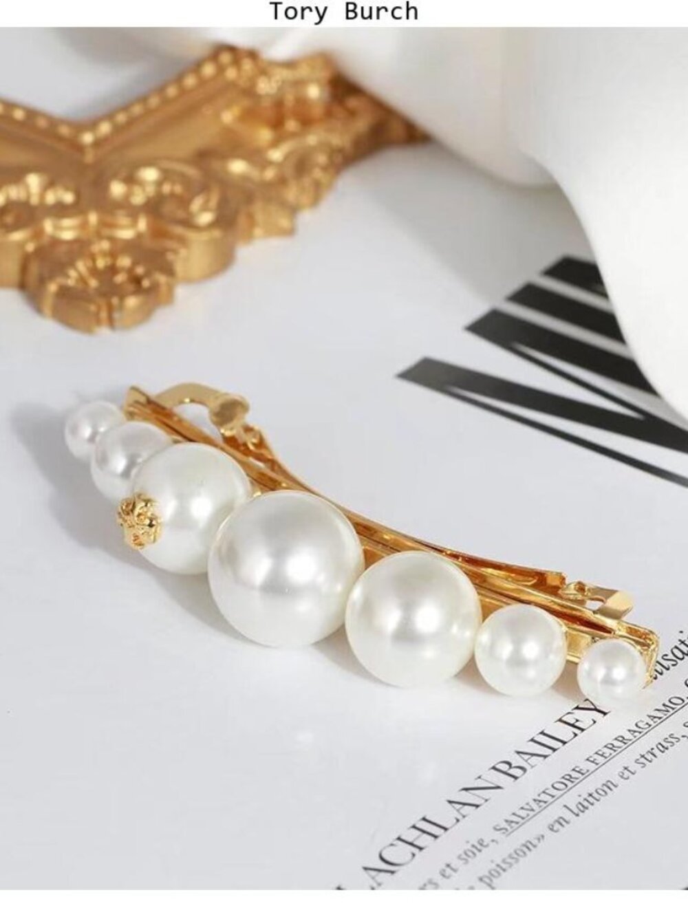Gold and White Faux Pearl Brooch Barrette by Tory Burch